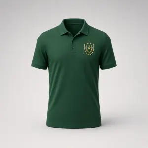 Plain dark-green polo with a gold embroidered shield crest