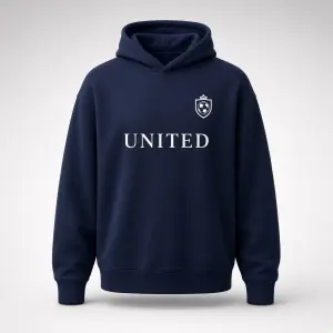 Custom pullover club hoodie in navy with crest — no zip